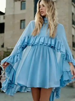 Robe nuisette courte en mousseline avec cape pour femme - Ensemble élégant à volants superposés 2 pièces - Idéale pour les invités de mariage les fêtes et les cocktails de printemps 2026