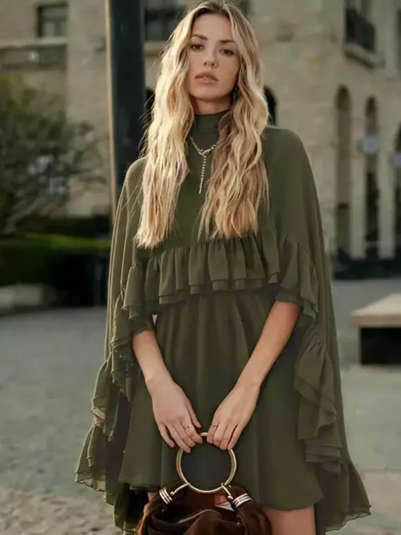 Robe nuisette courte en mousseline avec cape pour femme - Ensemble élégant à volants superposés 2 pièces - Idéale pour les invités de mariage les fêtes et les cocktails de printemps 2026