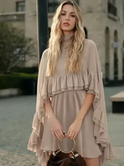 Robe nuisette courte en mousseline avec cape pour femme - Ensemble élégant à volants superposés 2 pièces - Idéale pour les invités de mariage les fêtes et les cocktails de printemps 2026