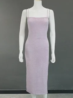 Robe nuisette dos nu en maille pour femme - Robe moulante midi côtelée à lacets et fente latérale - Vacances d'été à la plage 2026