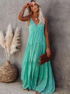 Robe nuisette maxi bohème à pois pour femme - Robe d'été vert menthe à col en V volants et dos nu - Collection été 2026