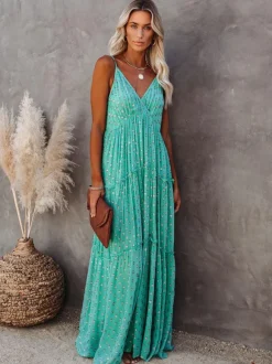 Robe nuisette maxi bohème à pois pour femme - Robe d'été vert menthe à col en V volants et dos nu - Collection été 2026