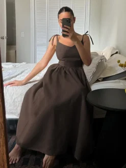 Robe nuisette maxi dos nu 100 % coton pour femme - Robe bohème à bretelles nouées col en V et coupe trapèze - Idéale pour les vacances d'été à la plage 2026