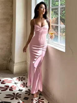 Robe nuisette rose pastel Coquette pour femme - Robe midi à bretelles et n艙ud sur le devant - Tenues pour un rendez-vous romantique au printemps 2026