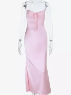 Robe nuisette rose pastel Coquette pour femme - Robe midi à bretelles et n艙ud sur le devant - Tenues pour un rendez-vous romantique au printemps 2026