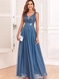 Robe à paillettes sans manches taille empire ligne a robes de bal élégantes