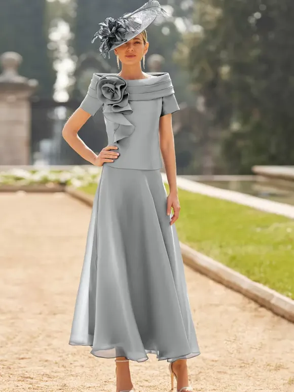 Robe pour mère de famille col bateau manches courtes deux pièces fleurs longueur cheville robes d'invitées de mariage
