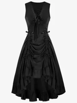 Robe Renaissance médiévale à lacets et volants pour femme costumes vintage noirs