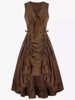 Robe Renaissance médiévale à lacets et volants pour femme costumes vintage noirs