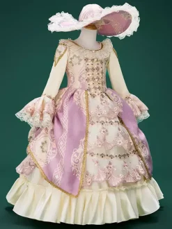Robe rose rétro en dentelle et polyester à imprimé floral pour fille costume Marie-Antoinette tunique rétro robe de bal de fin d'année
