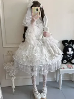 Robe rose Sweet Lolita sans manches à volants et n艙uds JSK Hime Lolita
