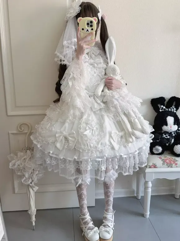 Robe rose Sweet Lolita sans manches à volants et n艙uds JSK Hime Lolita