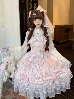 Robe rose Sweet Lolita sans manches à volants et n艙uds JSK Hime Lolita
