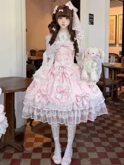 Robe rose Sweet Lolita sans manches à volants et n艙uds JSK Hime Lolita
