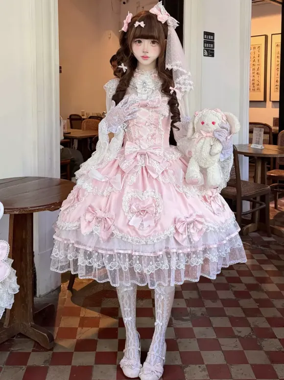 Robe rose Sweet Lolita sans manches à volants et n艙uds JSK Hime Lolita