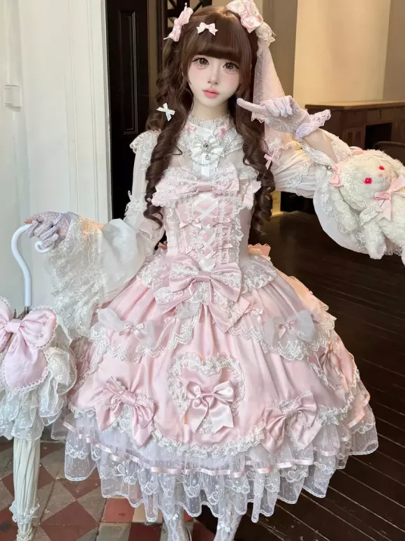 Robe rose Sweet Lolita sans manches à volants et n艙uds JSK Hime Lolita