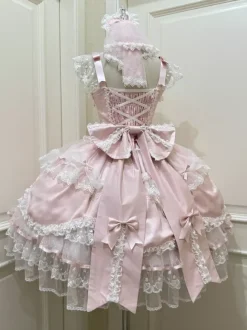Robe rose Sweet Lolita sans manches à volants et n艙uds JSK Hime Lolita