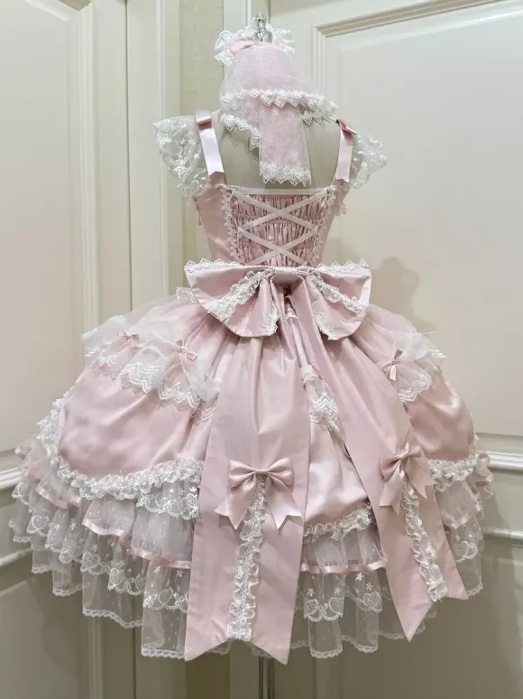 Robe rose Sweet Lolita sans manches à volants et n艙uds JSK Hime Lolita