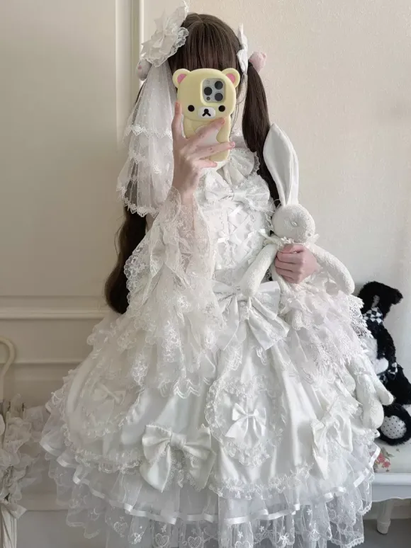 Robe rose Sweet Lolita sans manches à volants et n艙uds JSK Hime Lolita