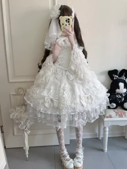 Robe rose Sweet Lolita sans manches à volants et n艙uds JSK Hime Lolita