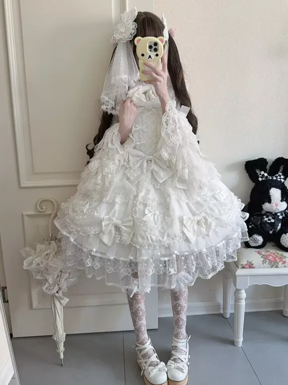 Robe rose Sweet Lolita sans manches à volants et n艙uds JSK Hime Lolita