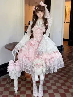 Robe rose Sweet Lolita sans manches à volants et n艙uds JSK Hime Lolita