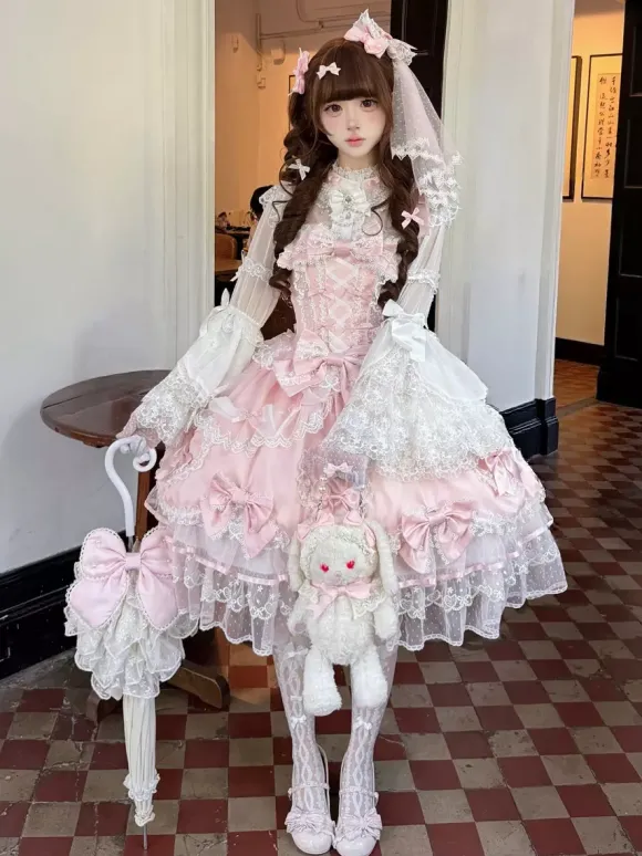 Robe rose Sweet Lolita sans manches à volants et n艙uds JSK Hime Lolita