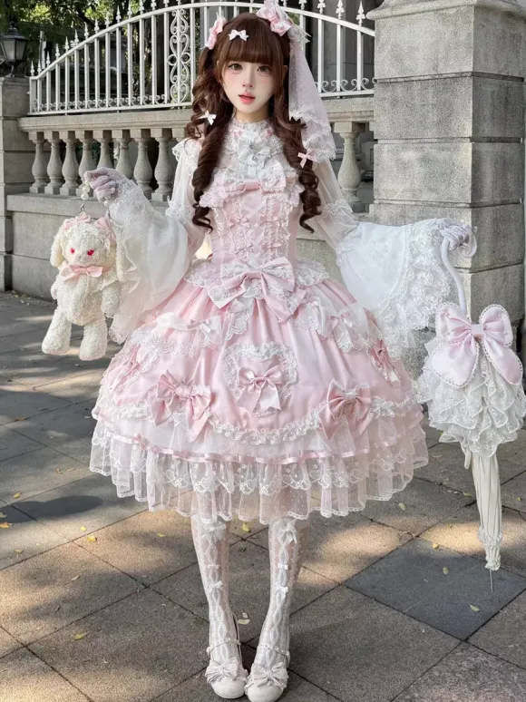 Robe rose Sweet Lolita sans manches à volants et n艙uds JSK Hime Lolita