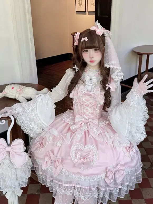 Robe rose Sweet Lolita sans manches à volants et n艙uds JSK Hime Lolita