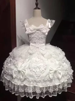 Robe rose Sweet Lolita sans manches à volants et n艙uds JSK Hime Lolita