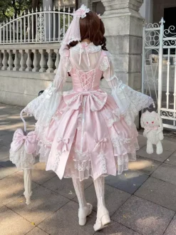 Robe rose Sweet Lolita sans manches à volants et n艙uds JSK Hime Lolita