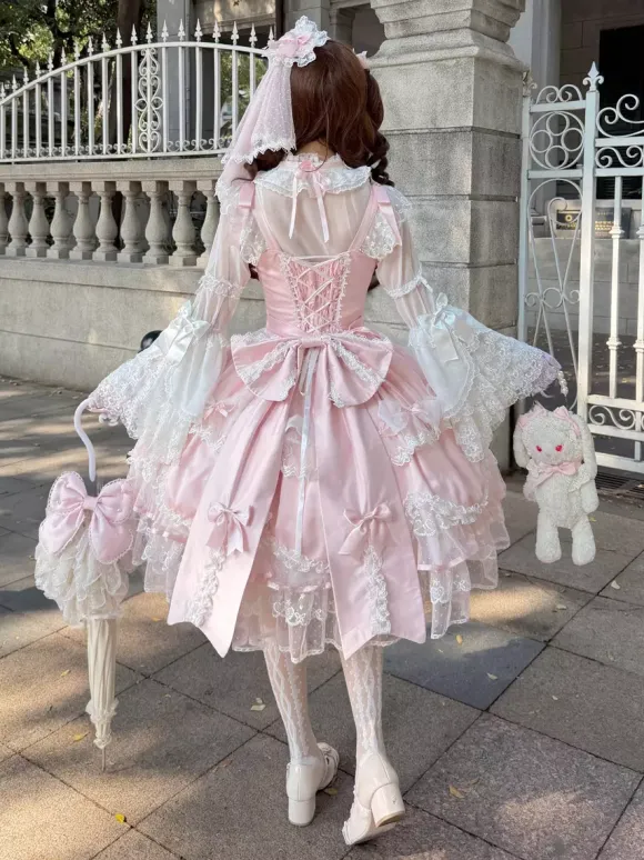 Robe rose Sweet Lolita sans manches à volants et n艙uds JSK Hime Lolita