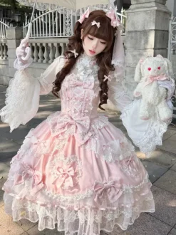 Robe rose Sweet Lolita sans manches à volants et n艙uds JSK Hime Lolita
