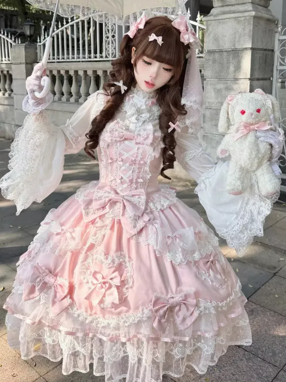 Robe rose Sweet Lolita sans manches à volants et n艙uds JSK Hime Lolita