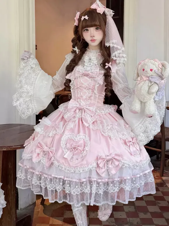 Robe rose Sweet Lolita sans manches à volants et n艙uds JSK Hime Lolita
