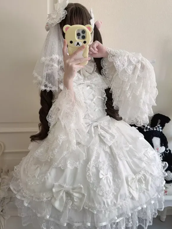 Robe rose Sweet Lolita sans manches à volants et n艙uds JSK Hime Lolita