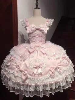 Robe rose Sweet Lolita sans manches à volants et n艙uds JSK Hime Lolita