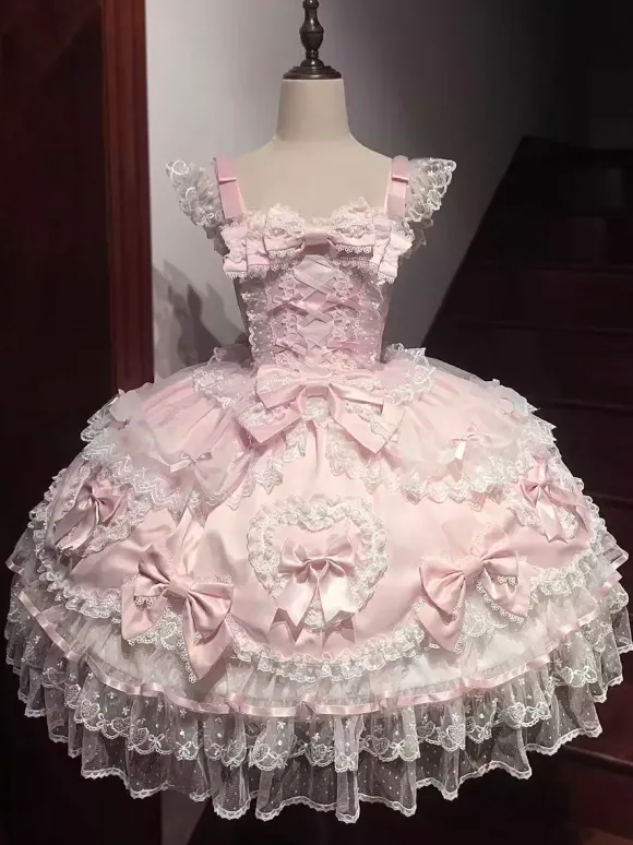 Robe rose Sweet Lolita sans manches à volants et n艙uds JSK Hime Lolita