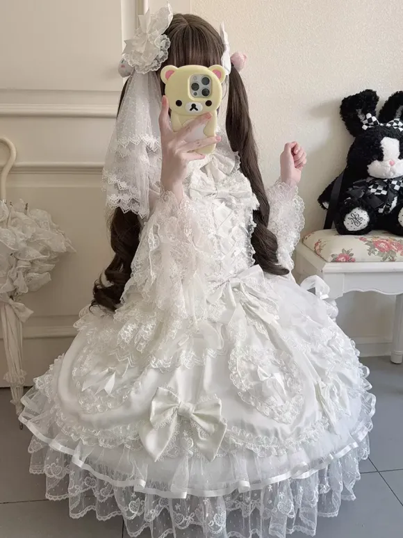 Robe rose Sweet Lolita sans manches à volants et n艙uds JSK Hime Lolita
