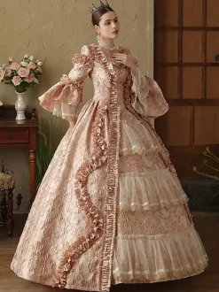 Robe rose victorienne rococo pour femme manches longues lacets et volants style vintage