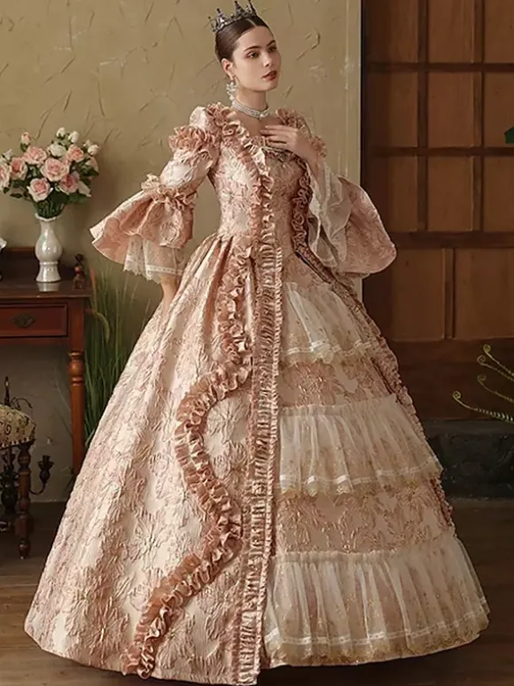 Robe rose victorienne rococo pour femme manches longues lacets et volants style vintage