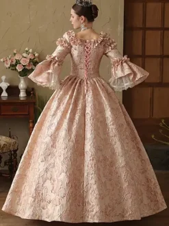 Robe rose victorienne rococo pour femme manches longues lacets et volants style vintage