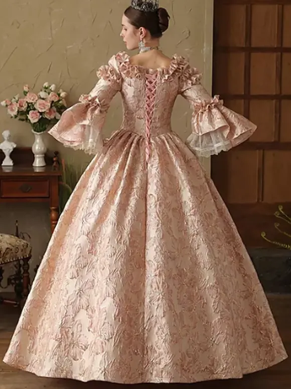 Robe rose victorienne rococo pour femme manches longues lacets et volants style vintage