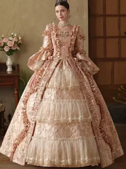 Robe rose victorienne rococo pour femme manches longues lacets et volants style vintage