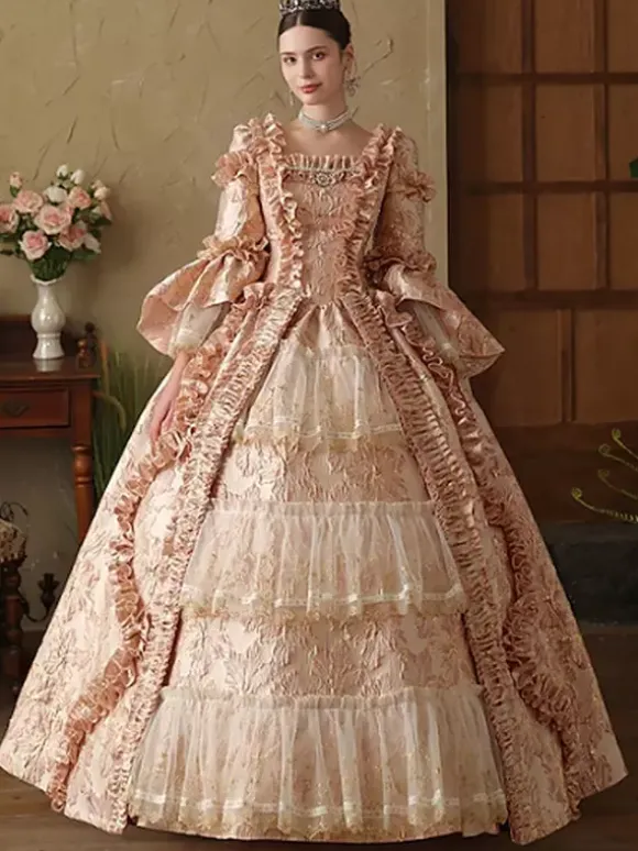 Robe rose victorienne rococo pour femme manches longues lacets et volants style vintage