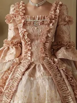 Robe rose victorienne rococo pour femme manches longues lacets et volants style vintage