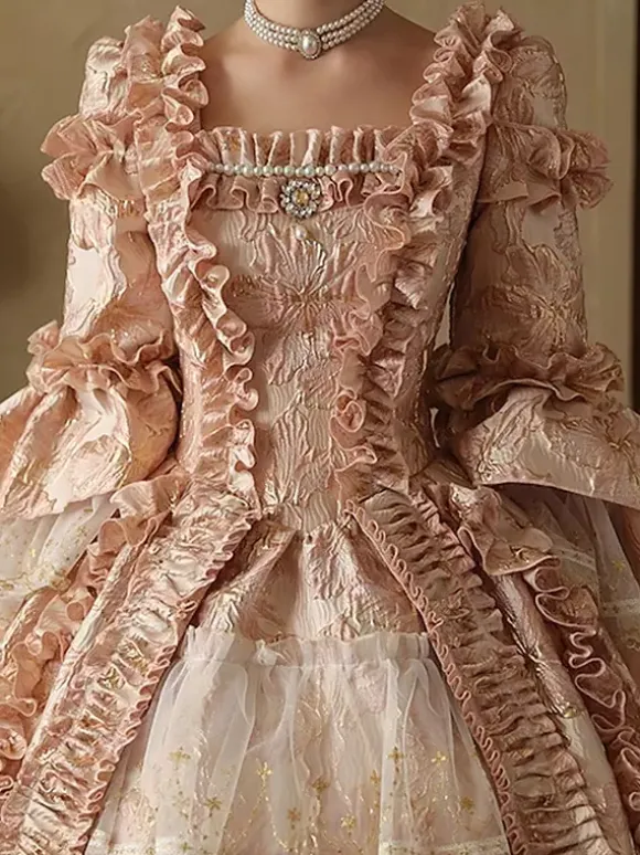 Robe rose victorienne rococo pour femme manches longues lacets et volants style vintage