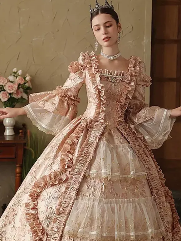 Robe rose victorienne rococo pour femme manches longues lacets et volants style vintage