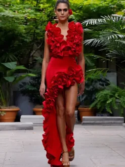 Robe rouge chic à volants sans manches dos nu asymétrique mini-robe de soirée