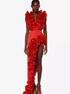 Robe rouge chic à volants sans manches dos nu asymétrique mini-robe de soirée